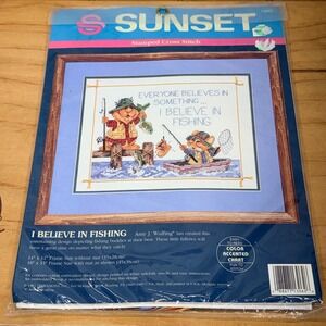 Sunset Stamped Cross Stitch Kit I Believe In Fishing Amy Wulfing 13062 Vintage